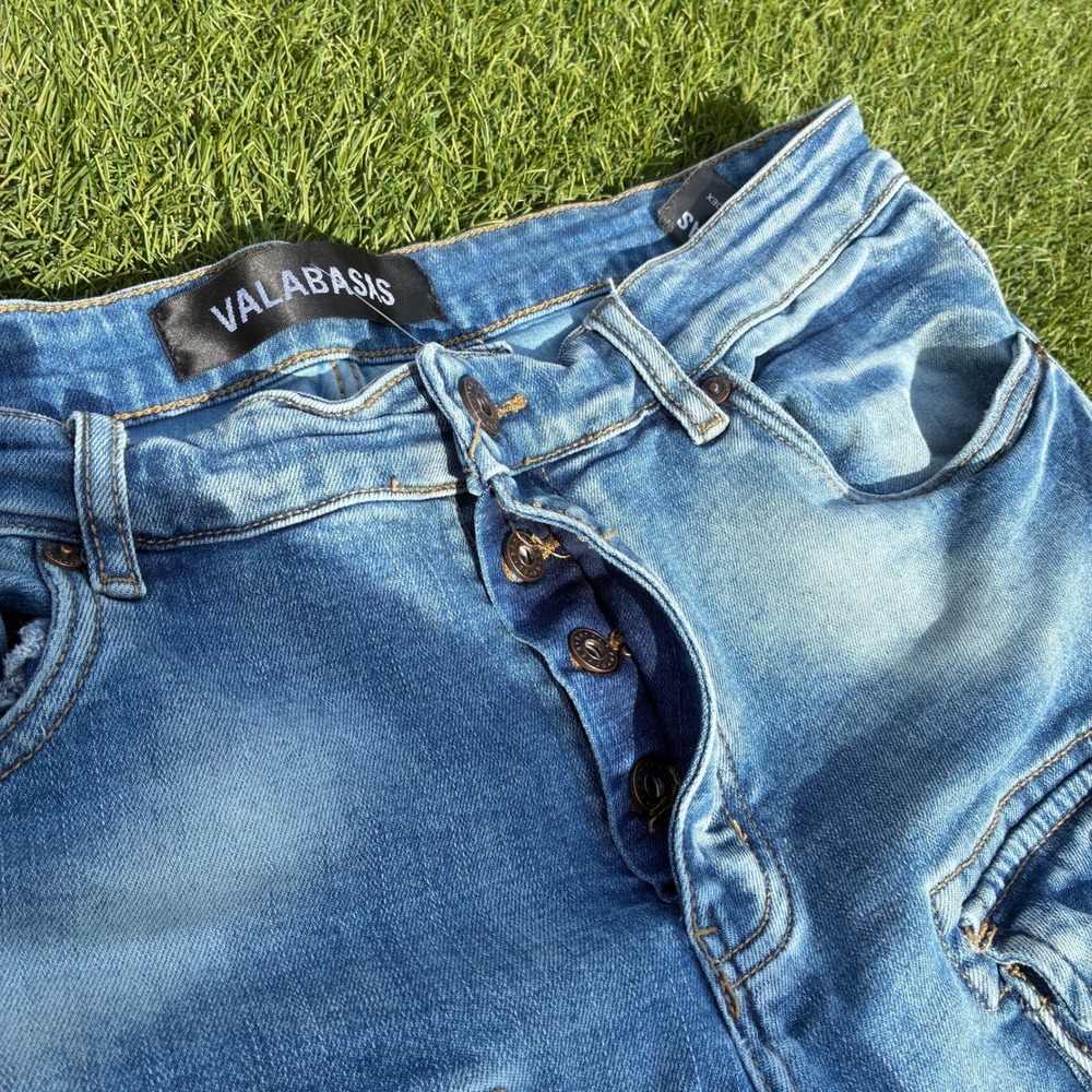 Valabasas Mens 35x34 Light Wash Blue Stacked Pocket Cargo Jeans Denim Flare Y2K - Picture 7 of 10